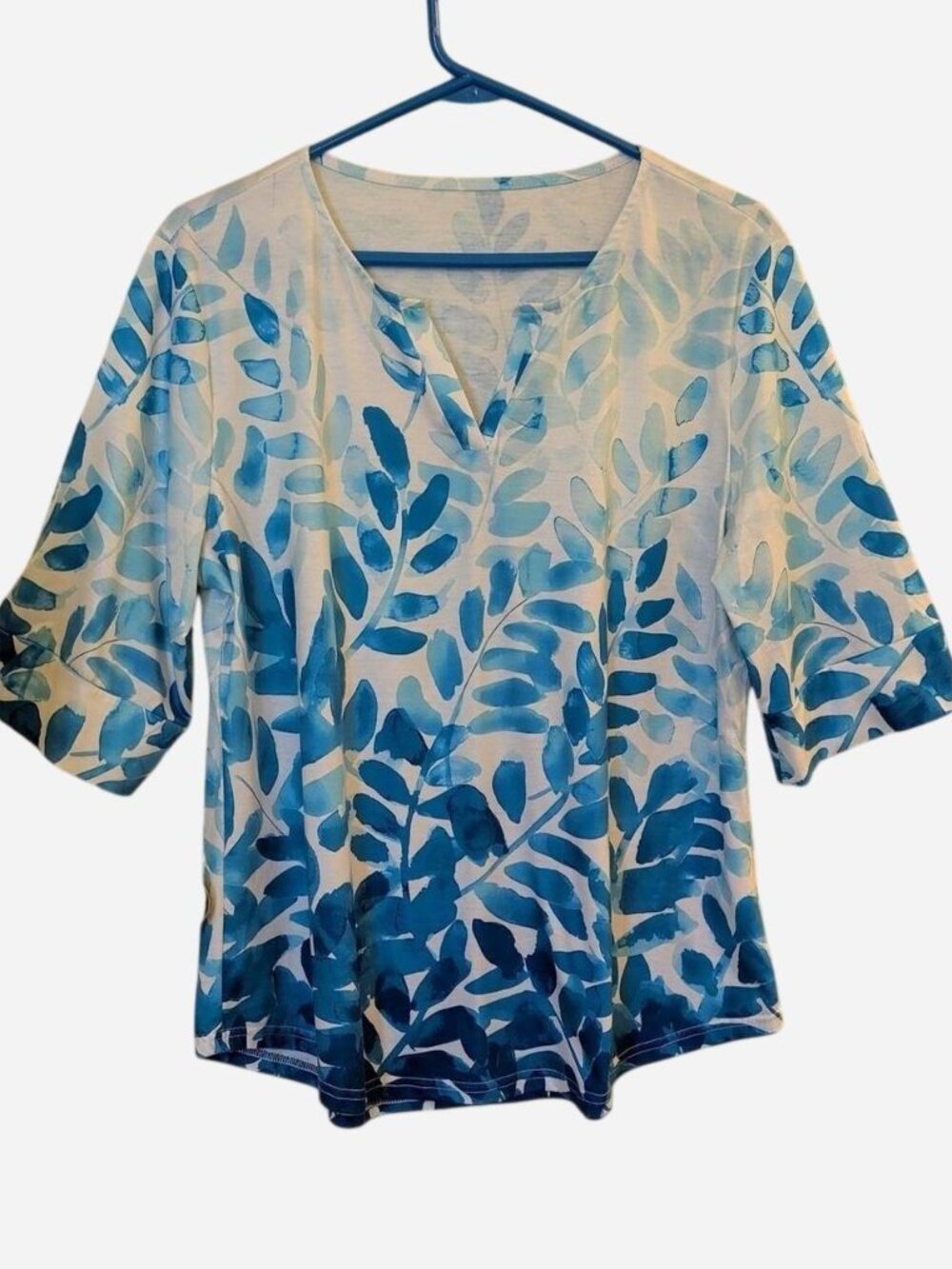 Akewei Blue Leaf Print V-Neck Top | Women’s XL